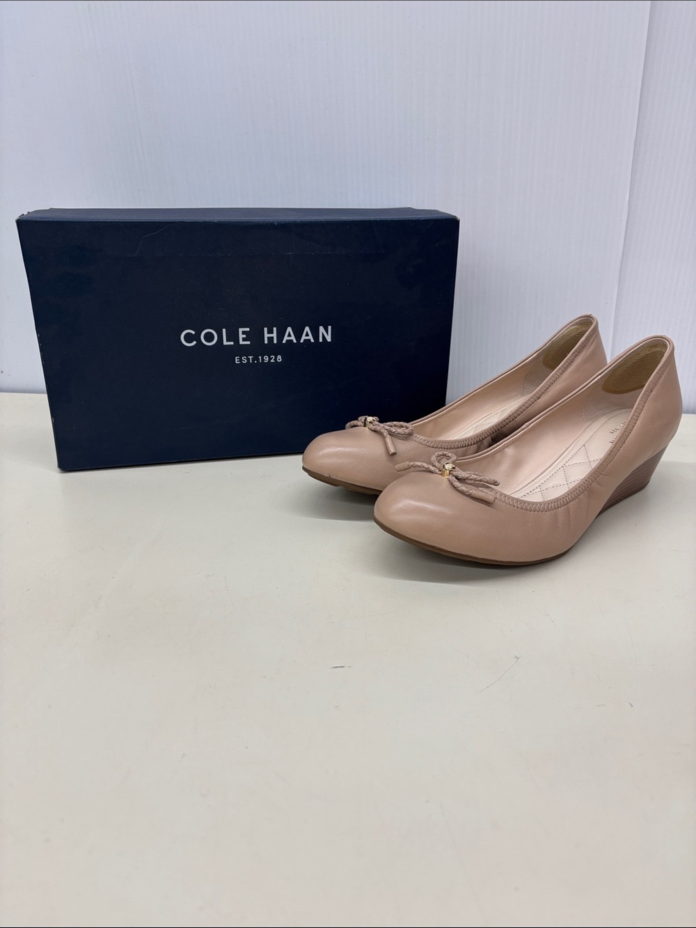 Cole Haan Blush Tan Low Wedge Pumps with Bow Accent